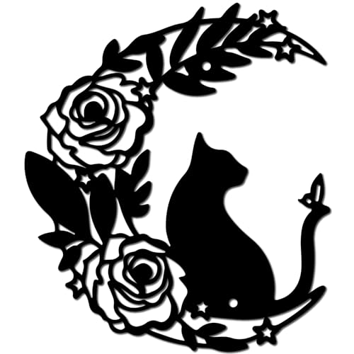 CREATCABIN Gato Metal Decoración Pared Arte Pared Hierro Arte Luna Negra Hueco Gato Rosa Escultura Colgante Silueta Decoración Rústica Letrero para Amantes los 18x18cm