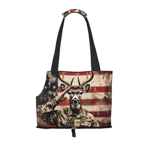 Moxquju Patriotic Deer Soldier Salute Print Foldable Pet Tote Bag, Shoulder Carrier for Small Dogs and Cats