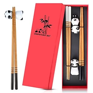 Panda Ceramic Chopsticks Holder, Bamboo Shape Alloy Chopsticks Gift Set, Reusable Chinese Style, Classic Style in Elegant Box Gift Box (2 Pairs)