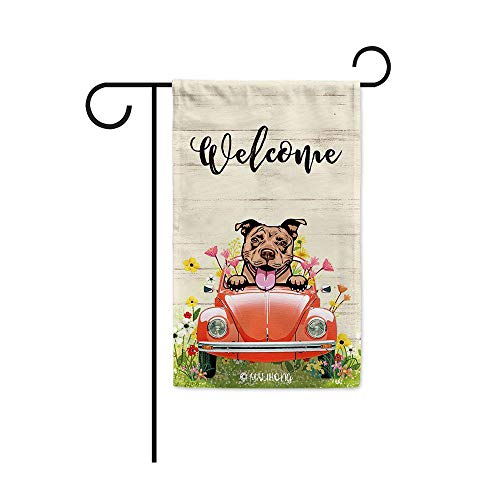 Welcome Dog 12.5x18 Inch Garden Flag Dog Pit Bull in Red Truck Flowers Spring Summer Strips Small Flag Outdoor Yard Decorative Double Sided Polyester for Home Decor