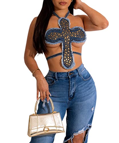 Women's Y2k Denim Cross Crop Tank Top Sexy Halter Jean Tube