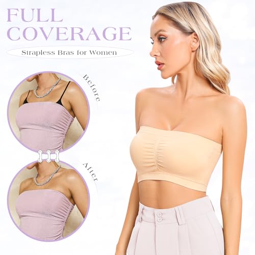 Image of Strapless Bras for Women Bandeau Bra Wireless Seamless Bandeau Top Comfort Padded Tube Top Bra Beige