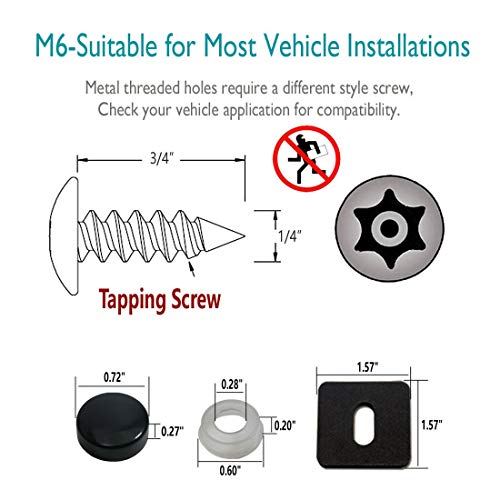 Aootf Anti-Theft License Plate Screws - Rust Stainless Steel, 4PC M6x20mm, Black Caps, Anti-Rattle Pads