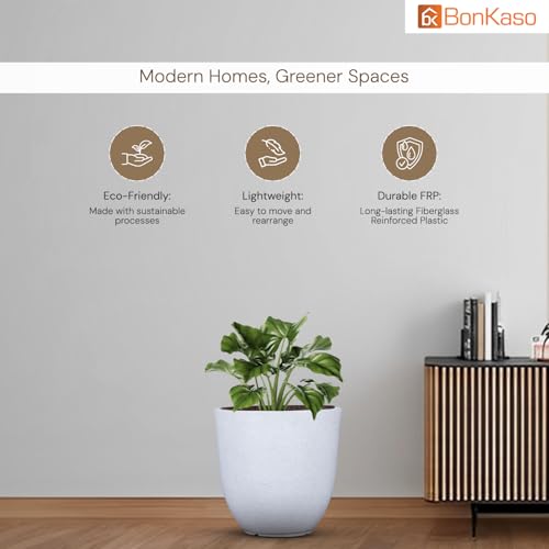 Image of BonKaso 8 Inch Jaguar Round Plant Pots | Highly Durable & Lightweight Polymer Planter for Indoor & Outdoor Use | Flower Pot (Gamla /Gamale) for Home, Office, Garden, Living Room & Balcony (White)
