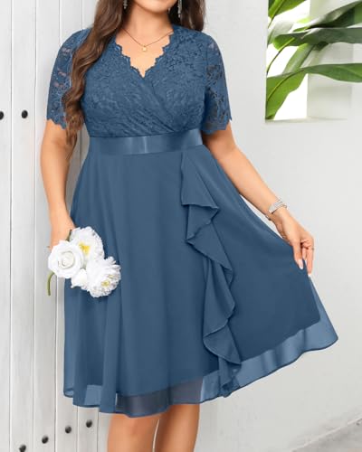 Image of Talisea Plus Size Wedding Guest Dress - Formal Cocktail Party Ruffle Elegant Tea Length Lace Chiffon V Neck Midi Dresses