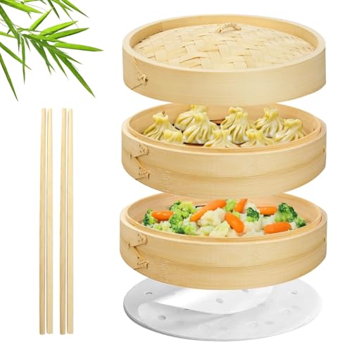 Flexzion Bamboo Steamer Basket Set (8 inch) 50 x Steamer Liners and 2 Pairs of Chopsticks Steam Baskets for DimSum Dumplings Rice Vegetables Fish and Meat