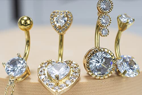14G Surgical Steel Belly Button Rings Round/Love Heart Clear Cz Navel Curved Barbell Studs Sexy Body Piercing (4Pcs - Gold) #TOP4