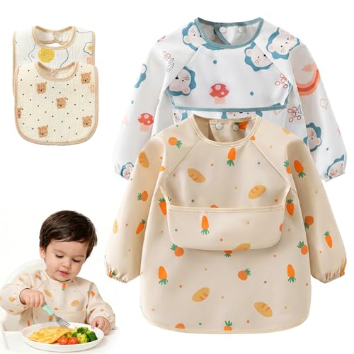 Qibivfo Set de 4 Baberos para Bebé, 2 Baberos con Mangas + 2 Baberos Bandana Ajustables, Impermeables, Secado Rápido, Lavables a Máquina, para Niños y Niñas 6–24 Meses, Comida, Juego & Pintura