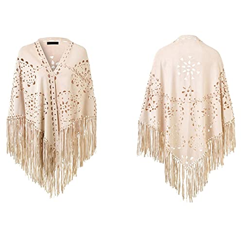 Niiyyjj Ladies Suede Open Poncho Shawl Wrap With Laser Cut Patterns And Statement Fringing Tassel2