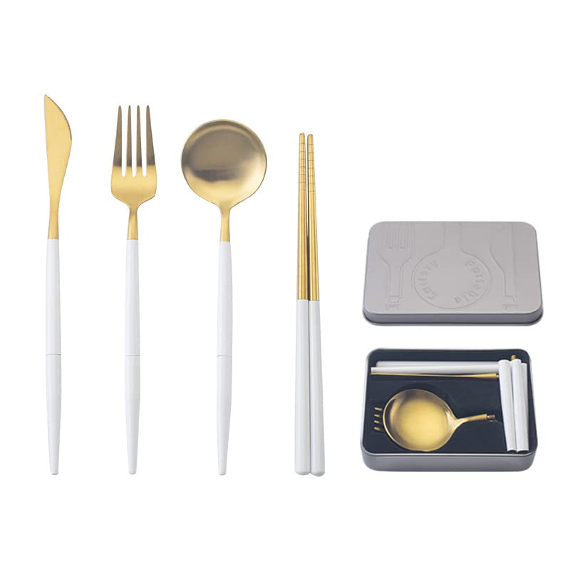 Cesa Beams Portable Carry-On Cutlery Set for Camping, Outdoor, Leisure - Original 4-Piece + Storage Box Set, Cutlery Set, Cutlery Gold, Stylish Gold, Nordic, Spoon, Fork, Linked Chopsticks, Camping : 