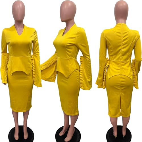 Qikaka Women's 2 PCS Plus Size Wide Ruffles Sleeve T-shirts Tops Bodycon Skirts Sexy Nightclub Party Dress Outfits Set4