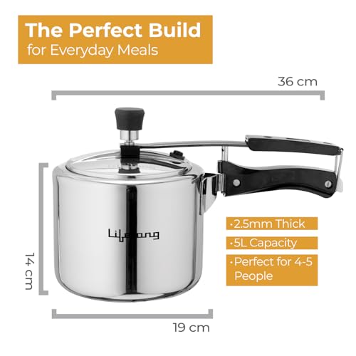 Image of Lifelong 5L Tri Ply Stainless Steel Pressure Cooker | Inner Lid Design | Silicone Gasket | Induction & Gas Compatible for Rice, Dal, Rajma, Chole | 2.5mm Thick | Faster, Even Heating | ISI- Certified