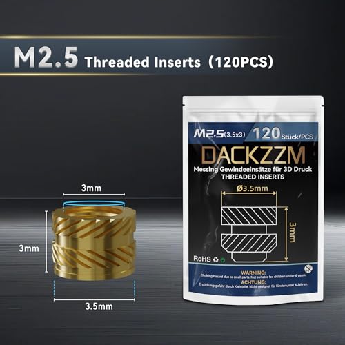 DACKZZM Gewindeeinsatz, M2.5 Einpressmutter 120 Stück Einschmelzmuttern Messing Einschmelzgewinde mit Rändeldesign Threaded Inserts für 3D-Druckkomponenten Kunststoffteile