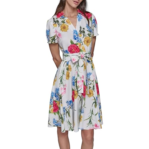 Image of Karl Lagerfeld Women's Short Sleeve Surplice Neck Faux Wrap Belted Mini Dress
