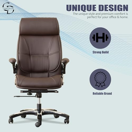 Image of Premium Leatherette Office Chair | Ergonomic High-Back Executive Chair for Home, Office, Study & Gaming | Height Adjustable Boss Chair with Sturdy Chrome Base | 1 Piece (Brown)