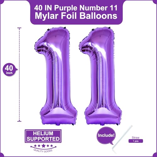Image of Number 11 Purple Balloons 40 Inch Giant Purple Foil 11 Helium Balloons for 11th Purple Birthday Party Supplies 11th Anniversary Events Decorations