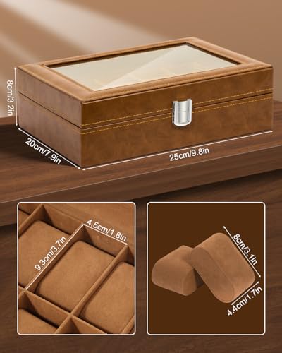 Image of Uten 10-Slot Watch Box, PU Leather Watch Case with Glass Lid, Brown | Watch Jewelry Storage Organizer Display with Velvet Lining, fits Watch Size up to 48mm, Gift for Men and Women, Celebration