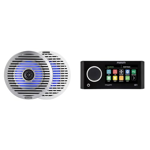 Kicker 51KM614FL 6.5-Inch (165mm) Thin-Mount Marine Coaxial Speakers with RGB LED, 4-Ohm, White & Silver Grilles Included, Bundled with MS-RA770 Apollo Marine Receiver