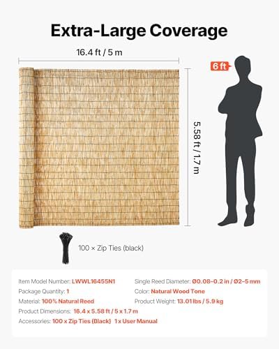 VEVOR Natural Reed Fencing, 5.58 x 16.4 ft, Decorative Natural Reed Fencing Roll, Decorative Fence for Backyard Garden Divider, Privacy Screen Panel Curtain for Balcony Patio Garden Backyard Outdoor — view 6