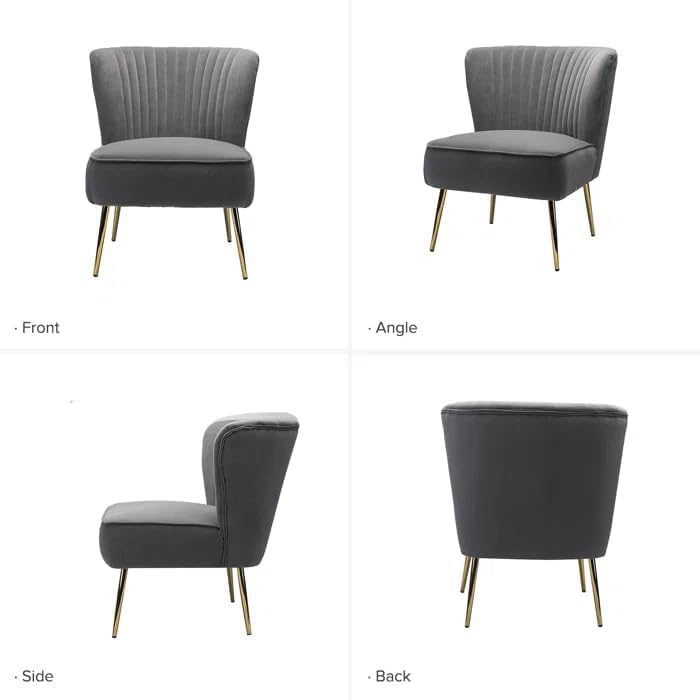 Image of Modern Upholstered Accent Velvet Chair Single Seater Channel Tufted Wing Back Chair with Golden Matel Legs for Living Room, Bedroom, Dining Room, Grey