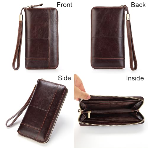 Genuine Leather Long Wallet for Men Large Business Clutch Zip Around Travel Wallet Checkbook Cash Credit Card Holder Phone Holder (Coffee)2