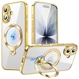 LNOLON iPhone 17 用 ケース MagSafe対応【CD模様リング 360° 回転スタンド付き・縦横両対応】メッキフレーム クリア背面 黄ばみ防止 レンズ保護 ワイヤレス充電対応 米軍MIL規格 耐衝撃 アイフォン17 用 ケース ストラップホール付き（ゴールド）