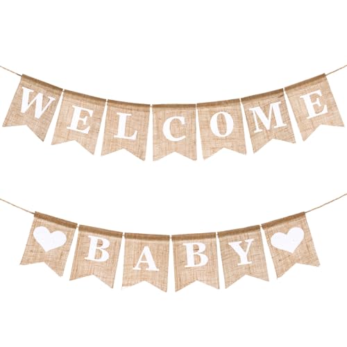 Burlap Welcome Baby Banner, Pre-Strung Burlap Baby Shower Banners,Rustic Neutral BabyShower Decorations for Boy and Girl- Newborn Birth Hospital Signs- Party Wall Backdrop