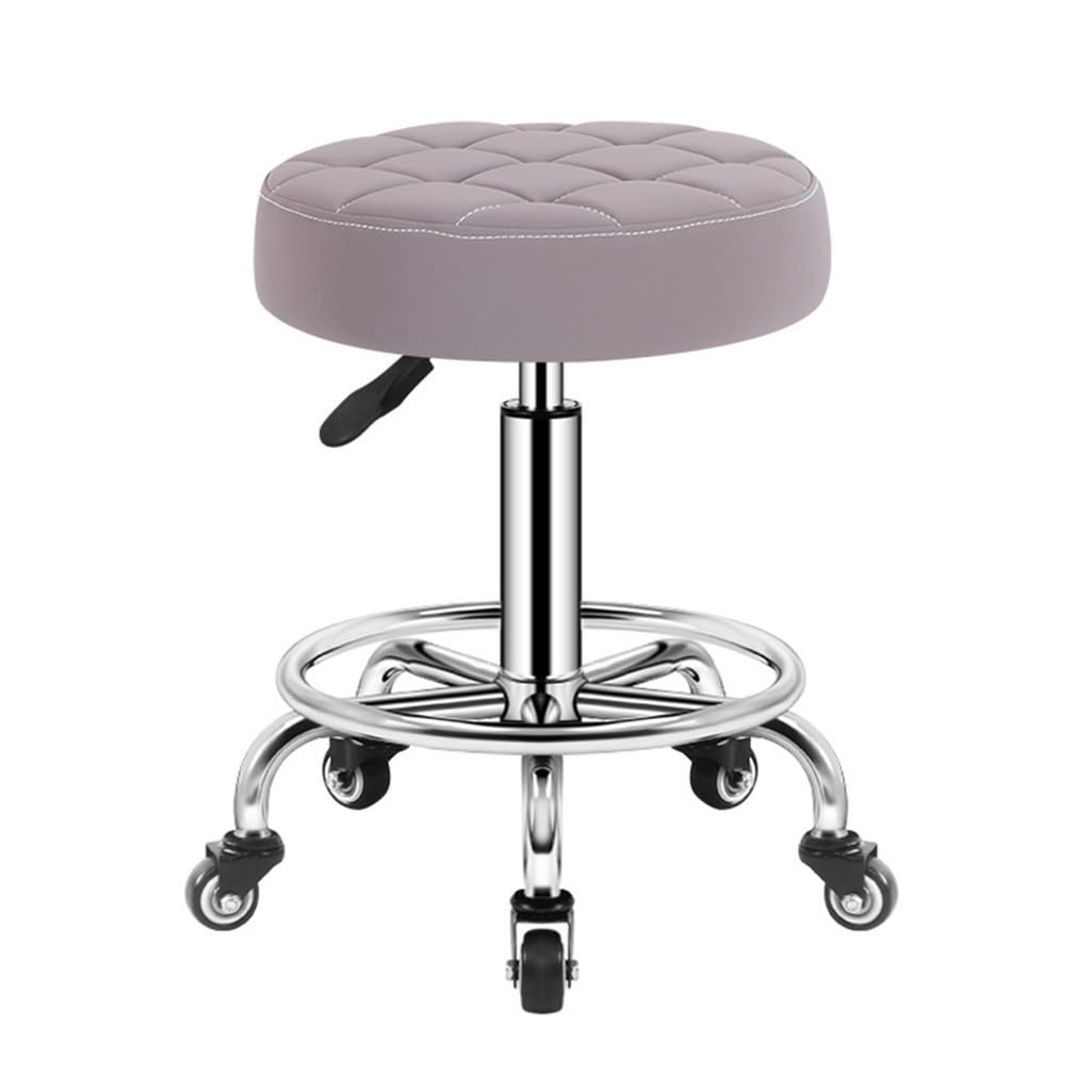 AeylvAoay Swivel Rolling Stool with Wheels PU Leather Round, Ultra Soft Padded Seat Cushion Stool with Footrest, Adjustable Height Stool for Tattoo Massage Salon Medical Spa C Grey