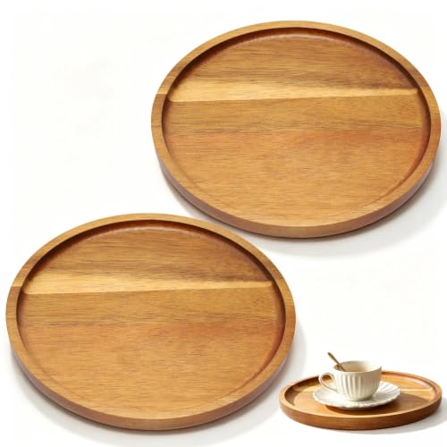 KLEHOPE 2er-Set Runde Akazienholz-Tabletts Ø20,5cm – Servier-Dekotablett