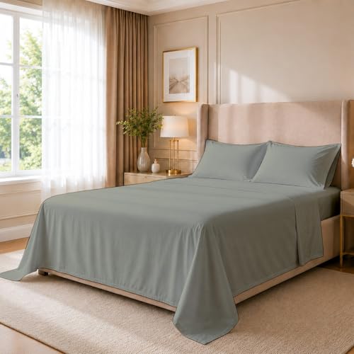 Cottingon 4 Piece Olympic Queen Sheets Soft Premium 100% Long Staple Egyptian Cotton Super Queen Mattress Bedsheet Set Fits Upto 15 Deep Pocket 66X80 Light Grey
