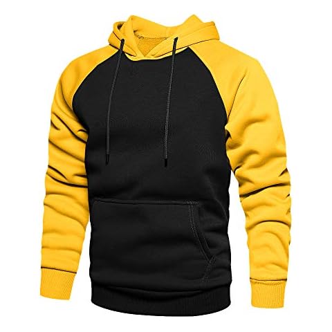 TOLOER Mens Hoodies Pullover - Contrast Color Casual Hoodie for Men - Sports Outwear Sweatshirts Black Yellow X-Large Cover