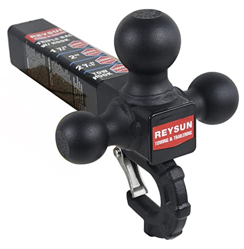 Image of Trailer Hitch 864011L Tri Ball Mount with Hook, Tactical Tow Hook, Fits 2 inch Hitch Receiver, Secure with Self-Lock Latch, Matt Black, 5 /8 Inch Hitch Lock Included