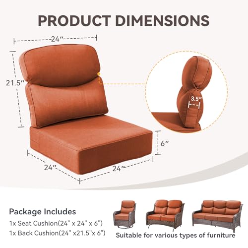 Image of Luxury 6-Inch Outdoor Chair Cushions - 24 inch* 24 inch Patio Furniture Cushions with Dual Layer Back Support & Removable Cover, 28D High Density Sponge Patio Cushion for Outdoor Furniture Couch Orange