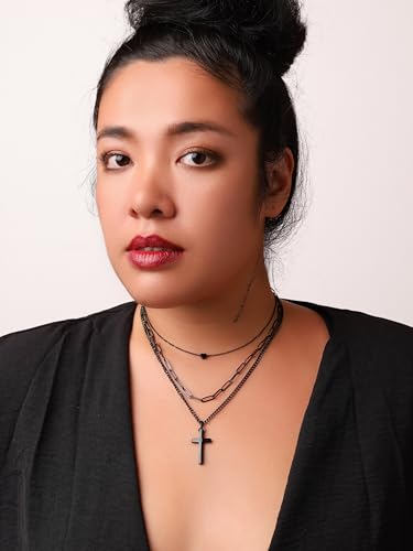 Sacina Goth Layered Black Cross Pendant Necklace, Grunge Gothic Emo Necklace3