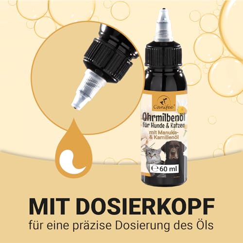 Canifee - Ohrentropfen für Hunde und Katzen, Ohrenmilbenöl mit Manuka-Öl bei Hefepilz und Ohrmilben, 60ml Flasche mit fein einstellbarem Dosierkopf, natürliches Pflegeöl gegen Entzündungen