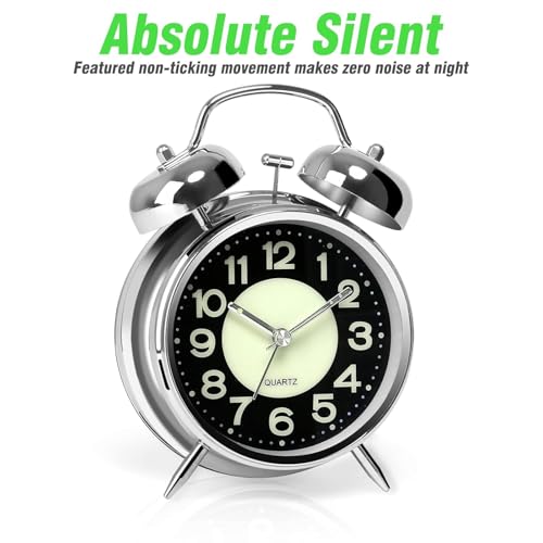 Image of RUCON Table Analog Clock Alarm Super Loud for Heavy Sleepers Retro Twin Bell Metal Frame Clock with Night Backlight Function Bedside Luminous Alarm for Bedroom /Office (Silver Luminous)
