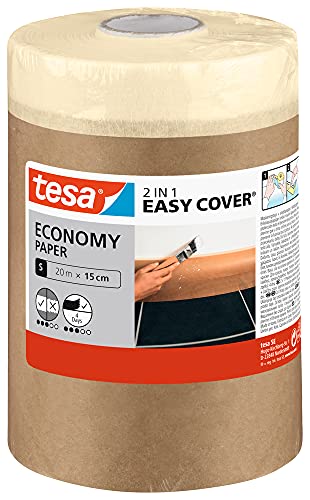tesa Easy Cover UNIVERSAL Papel Protector - Papel de Enmascarar 2en1 con Cinta de Enmascarar Autoadhesiva para Trabajos de Pintura y Renovación - 20 m x 15 cm
