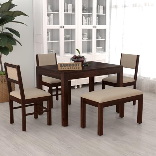 45 Inch Length Solid Sheesham Wood 4 Seater Dining Table Set | Four Seater Dinner Table with 3 Cushions Chairs & 1 Bench | Dinning Table Set 4 Seater 