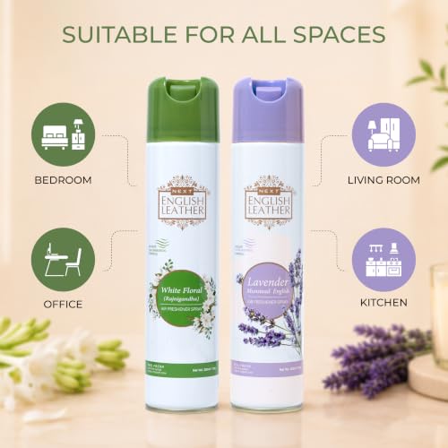 Image of Next Care English Leather Lavender & White Floral Air Freshener Spray for Home, Car & Office - 220 ml Each (Pack of 2) | Room Freshener with Floral Fragrances | Odor Reducing Spray