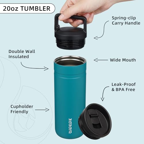 Image of BJPKPK 20 oz Insulated Travel Water Bottle, Coffee Tumbler Stainless Steel | Double Wall Vacuum, Leakproof, Thermal, Keeps Hot /Cold, Dishwasher Safe, Spill Proof, Wide Mouth, 2 Lids, Lake Blue