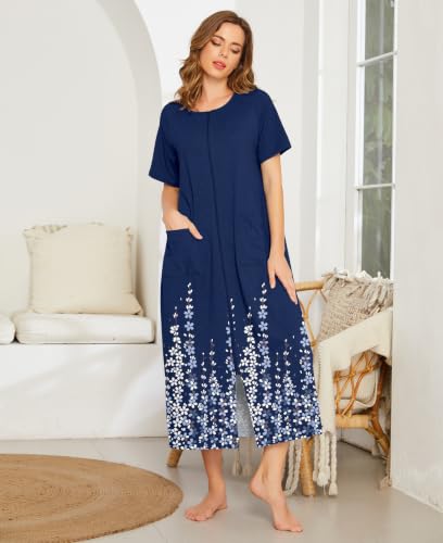 Image of Ekouaer Women Robe Zipper Short Sleeves Full Length House Coat with Pockets