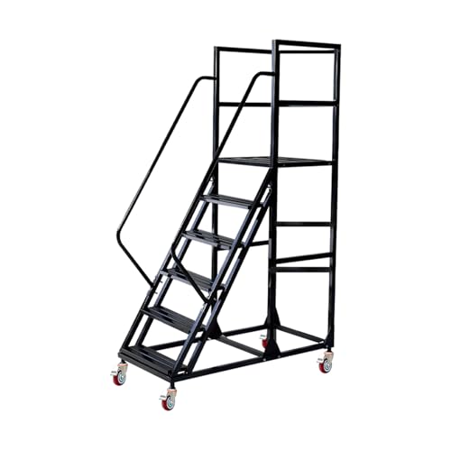 Image of Rolling Ladder with Wheels, Mobile Rolling Stairs with Handrail for Industrial Warehouse, Rolling Steps Ladder with Fence, for High Shelf Aisles, Warehouses, Supermarkets, Libraries (Black, 6 Steps)