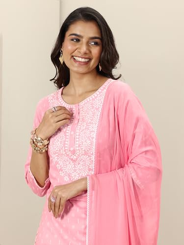 Image of Libas Embroidered Cotton Straight Kurta With Trouser and Dupatta