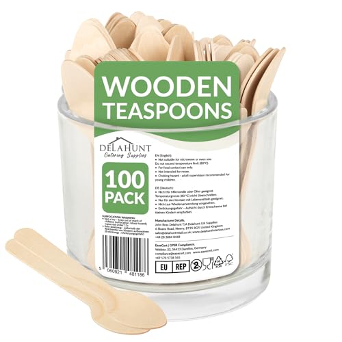 Disposable Wooden Teaspoons [100 Pack] - 11cm FSC-Certified Birchwood Compostable Cutlery | Eco Friendly Small Spoons for Coffee, Tea, Drinks, Dessert, Ice Cream, Tasting, Catering, Takeaway & Events