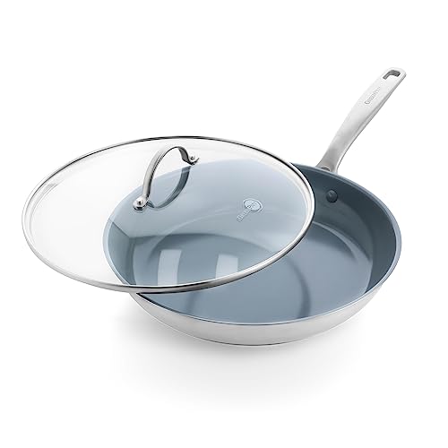 Greenpan Treviso Stainless Steel Healthy Ceramic Nonstick, 12" Frying Pan Skillet With Lid, Pfas-Free,Clad, Induction, Dishwasher Safe, Silver #TOP10