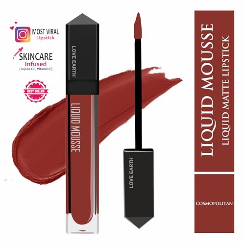 Image of Love Earth Liquid Mousse Lipstick - Cosmopolitan Matte Finish | Lightweight, Non-Sticky, Non-Drying,Transferproof, Waterproof | Lasts Up to 12 hours with Vitamin E and Jojoba Oil - 6ml