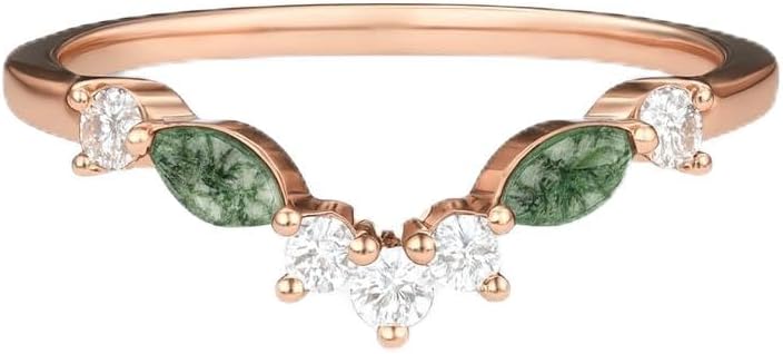 Moss Agate Leaf Wedding Band for Women 14K Rose Gold Plated Sterling Silver Dainty Branch Ring Diamond Accent Nature Inspired Stacking Eternity Promise Band Minimalist Valentine’s Day Gift Jewelry