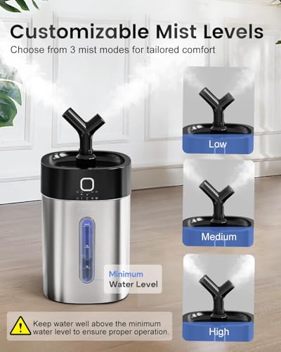 Image of Feekaa Stainless Steel Humidifier Easy Clean, 1Gal /4L Cool Mist Humidifiers for Bedroom, Dishwasher Safe Humidifier Large Room, Humidifiers for Bedroom Baby Nursery Living Room Office, Black
