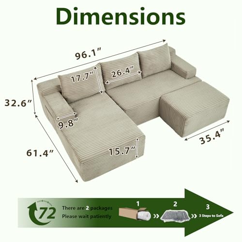 Image of 96.1 inch Modular Sectional Sofa with Ottoman, Modern Corduroy Cloud Couch, Boneless Couch Upholstered 3-Seater U-Shaped Sofa for Living Room, No Assembly (Camel, Right-Facing Chaise)