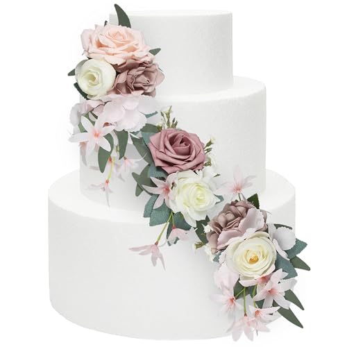Rinlong 3Pcs Pre-made Cake Flowers Dusty Pink Cake Decorations Wedding